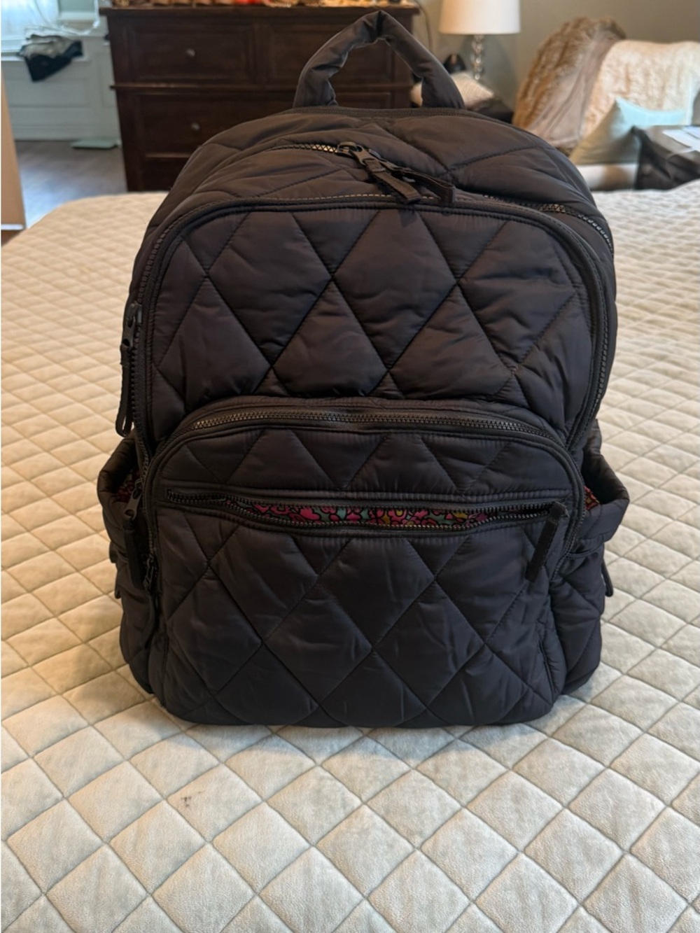 Vera Bradley Quilted Black Backpack with Subtle Floral Trim
